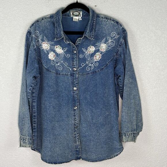 Vtg 90s Women’s Western Button Up Shirt Embroidered Chambray Size 2X Distressed - Picture 2 of 10